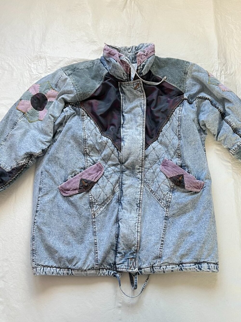 Vintage 90s denim coat womens large patchwork mid length quilted jean flowers